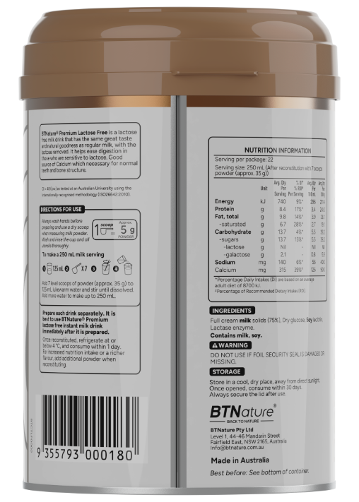 BTNature® Premium Lactose Free Instant Full Cream Milk Powder