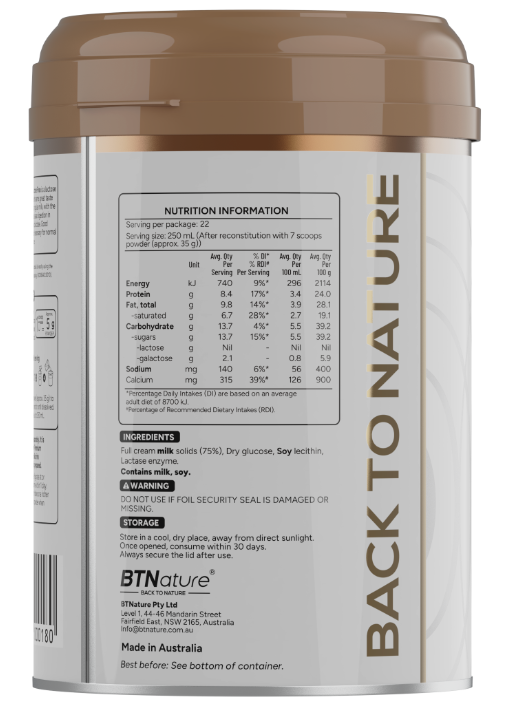 BTNature® Premium Lactose Free Instant Full Cream Milk Powder